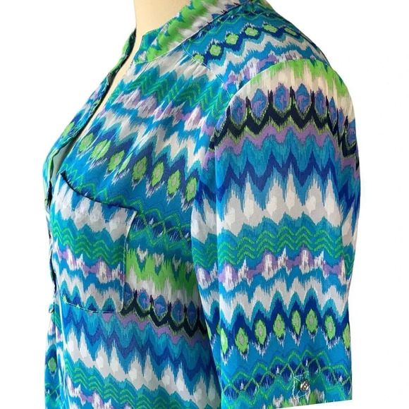 Rouge Collection 3/4 Sleeve Button Front Sheer Chiffon Tops Blouse Size 1X Ikat - Picture 8 of 16